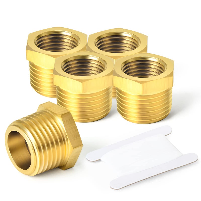 TAISHER 5PCS Brass Reducer Hex Bushing Threaded Pipe Fitting 3/4" NPT Male x 1/2" NPT Female Adapter - Image 1